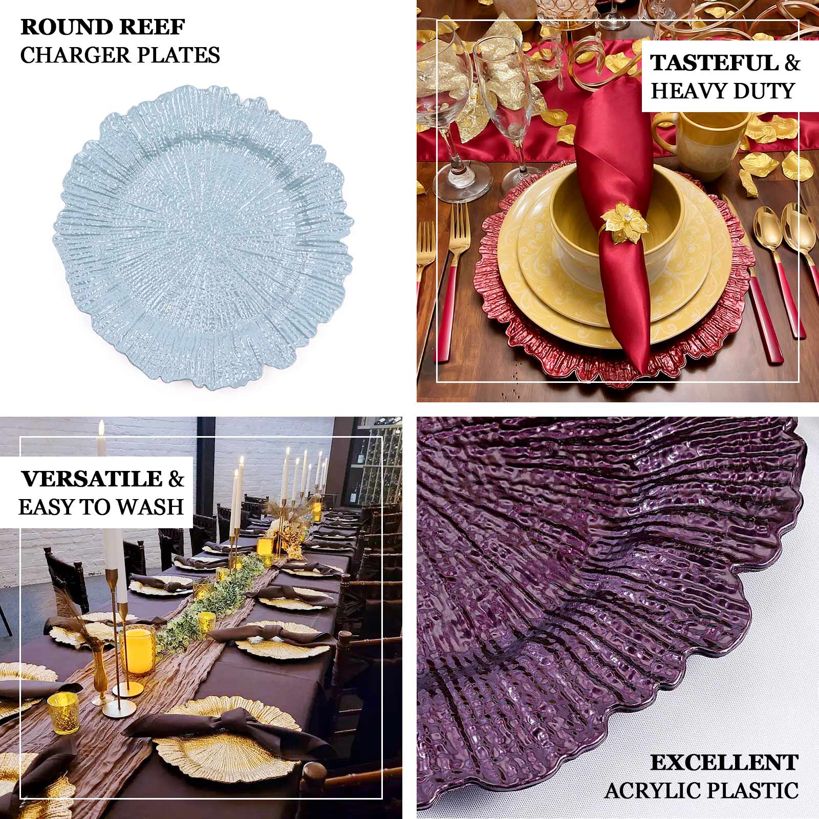 6-Pack Plastic Charger Plates 12", Round Clear with Gold Brushed Scalloped Reef Rim - Decorative Dinner Party Serving Plates - Image 4